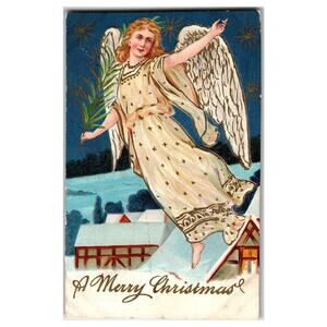 Vintage 1908 Embossed Christmas Angel Postcard from Logansport Indiana